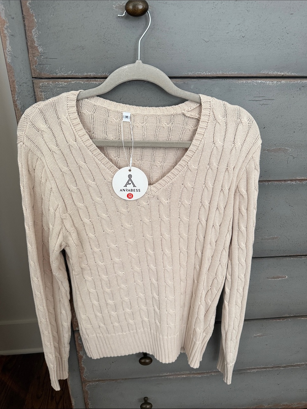 Anrabess Women's V-Neck Cable Knit Sweater in Cream